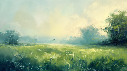 Impressionistic oil painting of an early morning summer mist over a meadow,