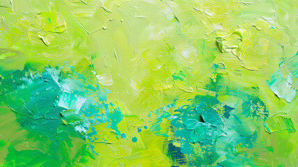 Lime green and turquoise smears on canvas, creating a bright and fresh abstract summer texture,