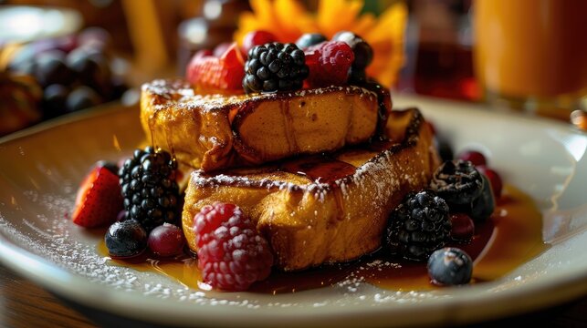 Breakfast of pumpkin french toast topped with berries and maple syrup