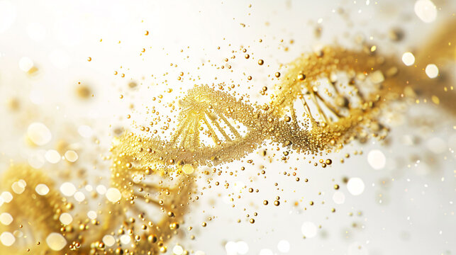 Golden geometric background and swirls of DNA molecules, medical 3D rendering concept illustration