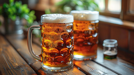 Two Beer Mugs on Wooden Table