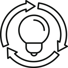 Black and white line drawing of a light bulb encircled by recycling arrows, symbolic of innovative eco ideas