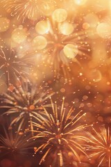 Golden Fireworks Celebration with Bokeh Lights Background