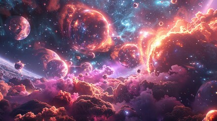 An expansive virtual universe, with avatars traversing through galaxies and exploring unknown realms of digital space.