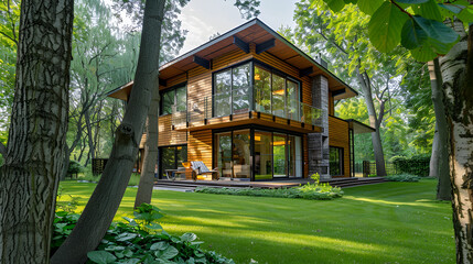 Modern cozy house with pool and garden. Nobody inside. 3d rendering,A spacious house with a pool situated amidst a dense forest of towering trees,Luxury modern house exterior. Luxury house
