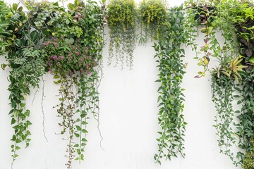 A white wall with hanging plants growing in pots in the style of a green architecture