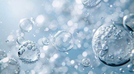 Water droplets water molecules and bubbles on blue white background