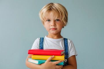 A little boy holds books in his hands on a monochrome background. Back to School. copy space