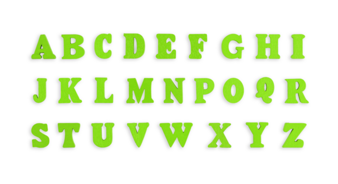 wooden letters of the English alphabet in green color on a isolated background close-up