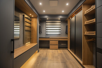 Obraz premium Wide wooden dressing room, Interior of a modern house. Image for ideas and design