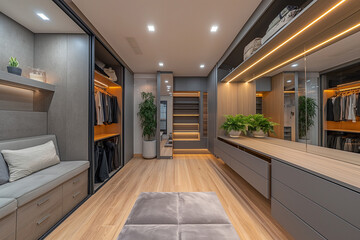 Wide wooden dressing room, Interior of a modern house. Image for ideas and design