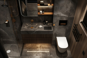 The bathroom interior is in dark colors. Image for ideas and design