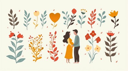 Stylized of a Romantic Couple Embracing Tenderly Amidst a Vibrant Backdrop of Lush Floral Foliage Celebrating the Journey of Motherhood and the Beauty of Familial Relationships