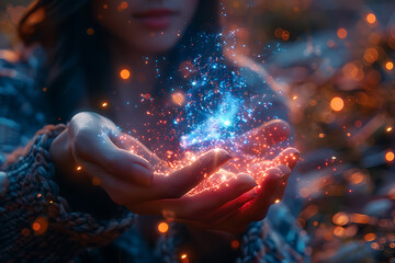 A striking image of a girl magician or witch conjuring beautiful radiance and illuminations, with the manifestation of magic creating an enchanting and mystical atmosphere