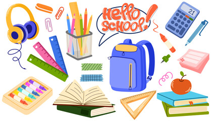 School and education cute stickers template set. Bundle of textbooks, stationery supply, objects. Scrapbooking elements.