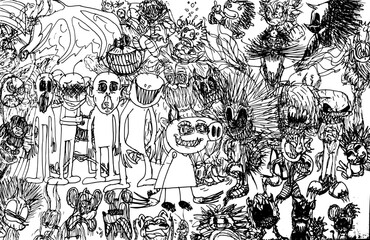 Hand drawing of multi caricatures in one frame.
