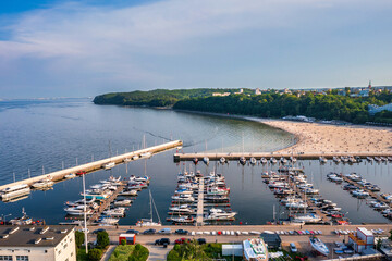 Aerial landscape of the marina and  beach in Gdynia in setting sun. Poland