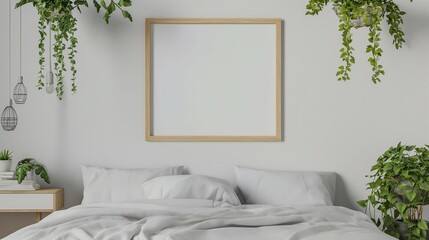 Frame mockup, modern bedroom home interior, wall poster frame, 3D render