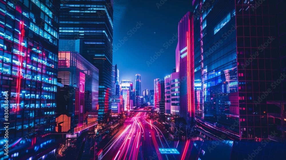 Wall mural A city skyline with neon lights and a large sign that says 