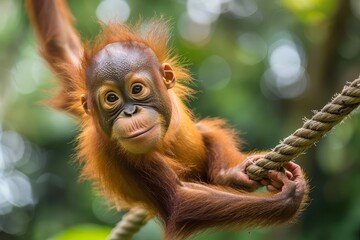 Fototapeta premium A playful scene of a young orangutan swinging on a rope, with a backdrop of vibrant green foliage in the heart of Borneo