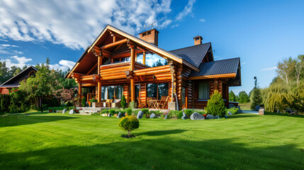 Obraz premium Modern wooden house in the forest. 3D rendering. vintage style,Contemporary minimalist small house with wooden material,Modern wooden eco house villa facade luxury big house. Timber cottage 