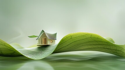 Maison écologique sur une feuille verte avec fond flou