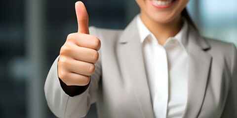 Woman giving thumbs up for positive feedback on product or service. Concept Customer Satisfaction, Positive Feedback, Thumbs Up Gesture, Product Review, Happy Customer