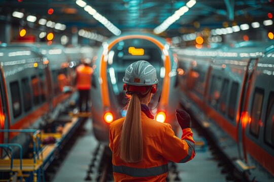 Woman in orange jacket and hard hat standing in front of train