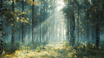 A forest of tall pine trees with sunlight filtering through the branches, creating a serene and peaceful woodland scene - Powered by Adobe