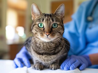 A tabby cat with striking green eyes sits calmly on a table, attended by a vet in blue gloves.