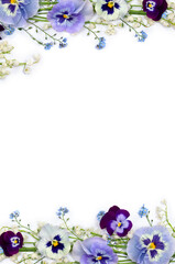 Flowers viola tricolor ( pansy ), white flowers Lily of the valley ( Convallaria majalis ) and blue wildflowers forget-me-nots on a white background with space for text. Top view, flat lay