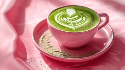 Fototapeta premium Matcha Latte in Pink Cup with Latte Art