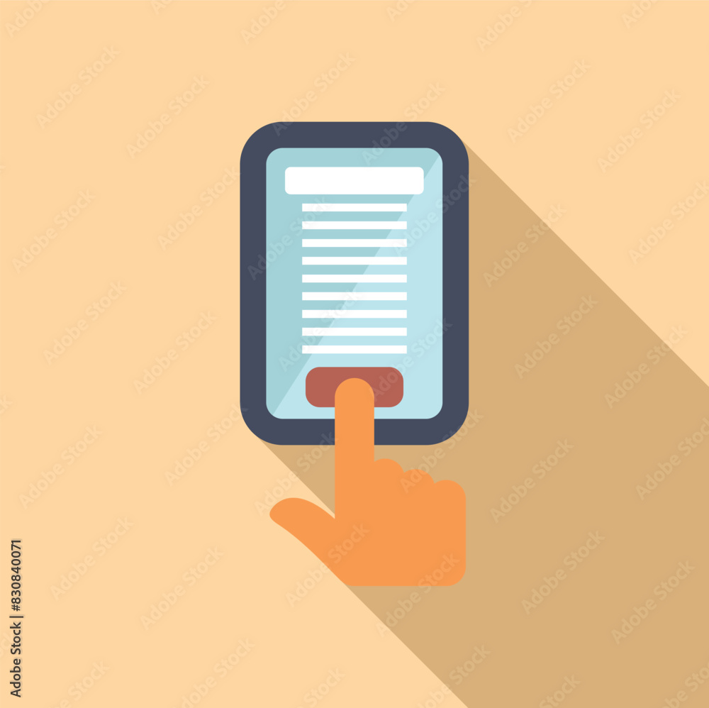 Poster illustration of a hand touching a tablet screen to scroll through a digital document with flat vecto