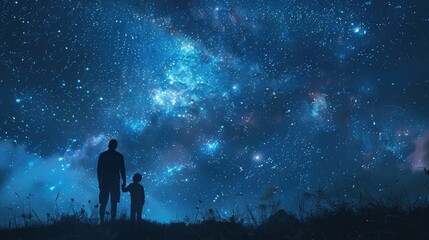 Obraz premium Father and Child Gazing at the Wonders of the Starry Night Sky A Serene Moment of Discovery and Bonding Beneath the Vast and Enchanting Cosmos