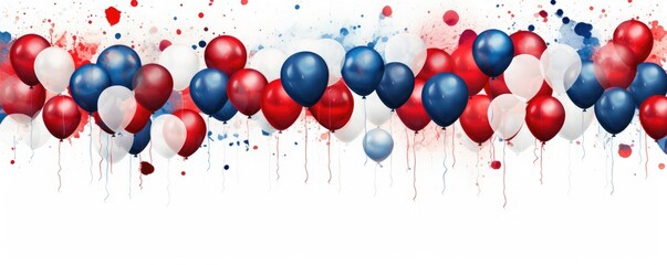 Red, white, and blue balloons with confetti on a white background.