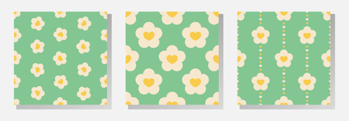 White and yellow flowers and hearts on green background. Vector seamless patterns collection in soft retro pastel colors.