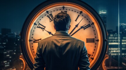 A man looks at a large watch dial close-up. time travel