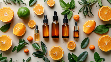 Oranges and Green Leaves Surrounding Bottles of Essential Oil