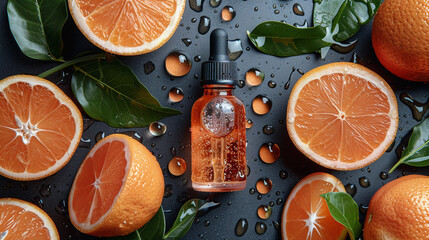 Bottle of Liquid Surrounded by Oranges and Leaves