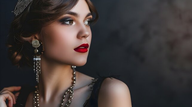 Stunning young woman dressed in roaring twenties fashion, embodying the classic flapper elegance with luxurious jewelry, at a themed vintage party.