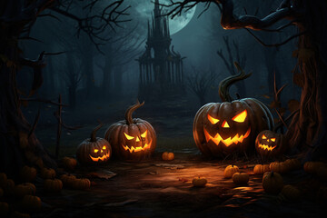 a group of pumpkins with lit faces in a dark forest