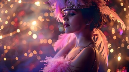 Stunning flapper woman as a cabaret dancer, adorned with feathers in a roaring twenties fashion, surrounded by scenic lights and exuding classic glamour.