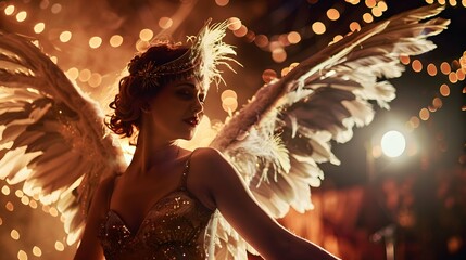 Stunning flapper woman as a cabaret dancer, adorned with feathers in a roaring twenties fashion, surrounded by scenic lights and exuding classic glamour.