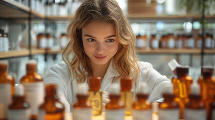 Woman in Lab Coat Examining Medicine Bottles