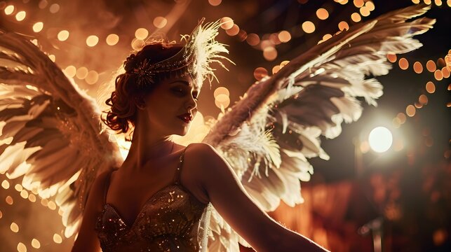 Stunning flapper woman as a cabaret dancer, adorned with feathers in a roaring twenties fashion, surrounded by scenic lights and exuding classic glamour.