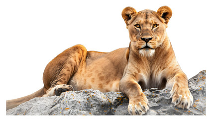 Obraz premium Lioness sitting on a rock isolated on a transparent background, PNG, Ai