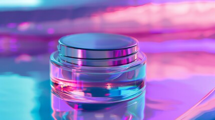 A clear container with a purple background
