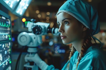 Woman in hospital gown using computer