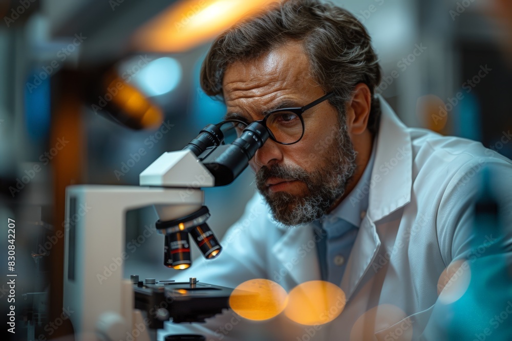 Poster man studying tissue samples through microscope