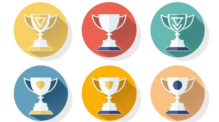 Flat white icons of trophy cups on colored circular backgrounds